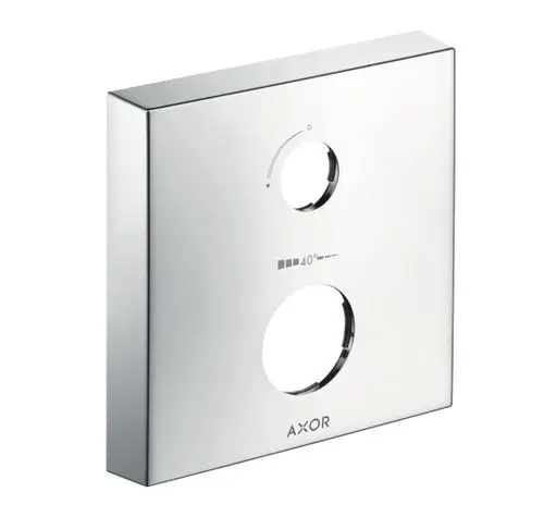 Verchromte Steuerplatte mit zwei Öffnungen und Mengenregulierung, geeignet für Hansgrohe Armaturen. Minimalistisches Design mit gekennzeichnetem Temperaturbereich.